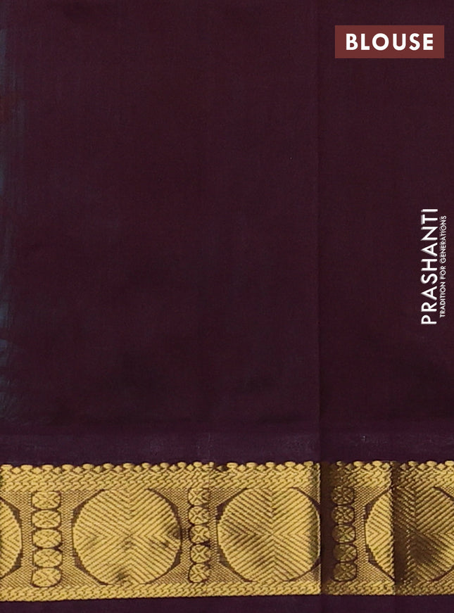 Silk cotton saree teal blue and deep maroon with allover kalamkari prints and zari woven korvai border