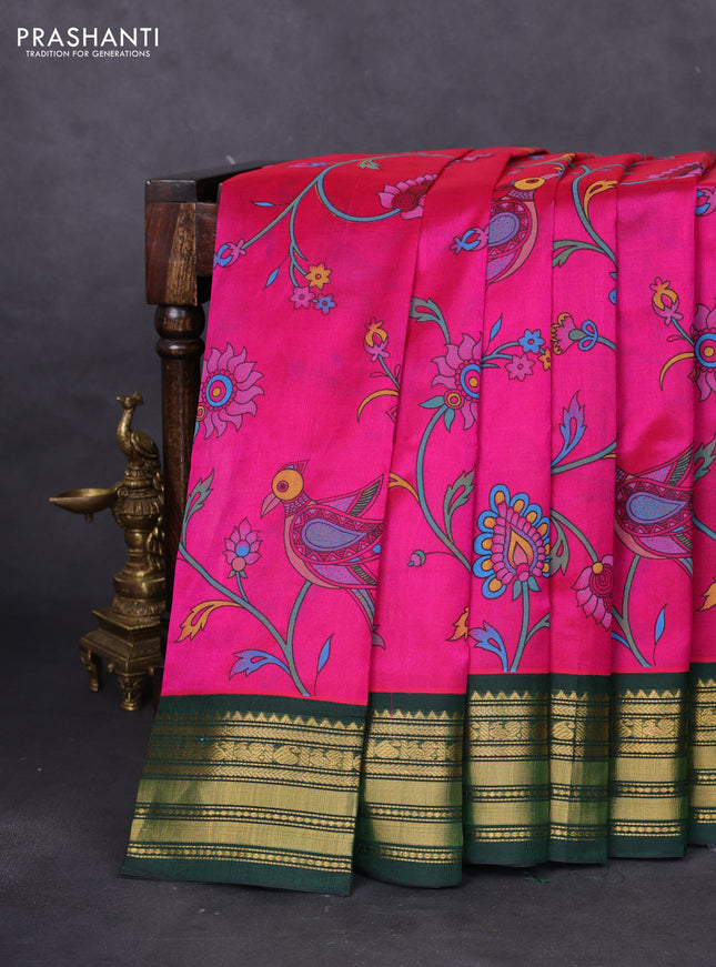 Silk cotton saree pink and bottle green with allover kalamkari prints and zari woven korvai border
