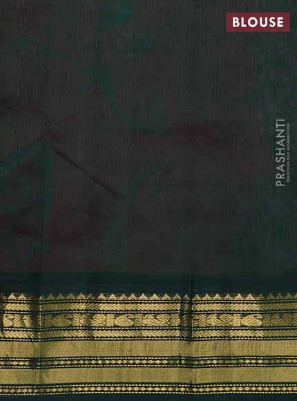 Silk cotton saree pink and bottle green with allover kalamkari prints and zari woven korvai border