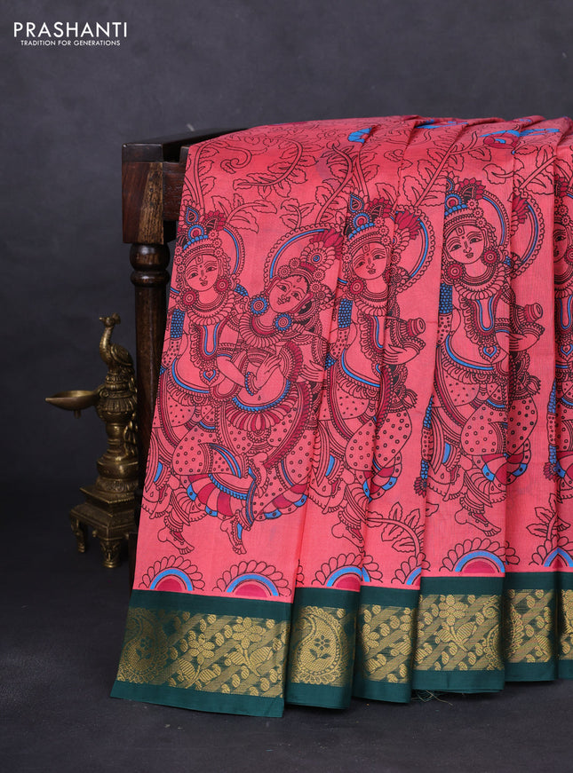 Silk cotton saree peach pink and dark green with allover kalamkari prints and zari woven korvai border