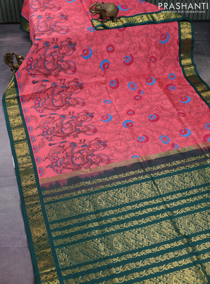 Silk cotton saree peach pink and dark green with allover kalamkari prints and zari woven korvai border