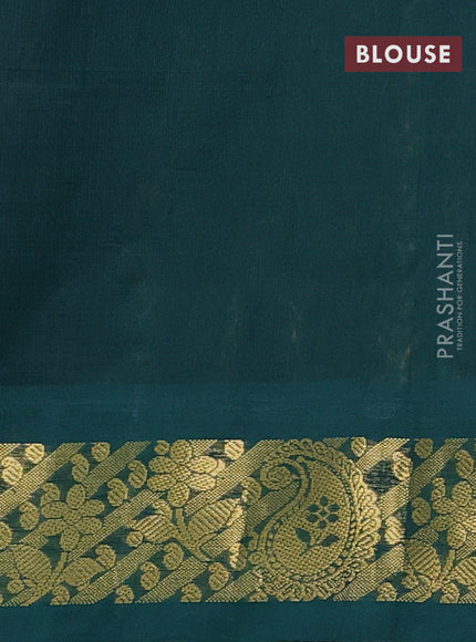 Silk cotton saree peach pink and dark green with allover kalamkari prints and zari woven korvai border