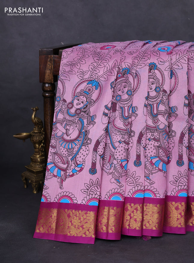 Silk cotton saree mild lavender and purple with allover kalamkari prints and zari woven korvai border