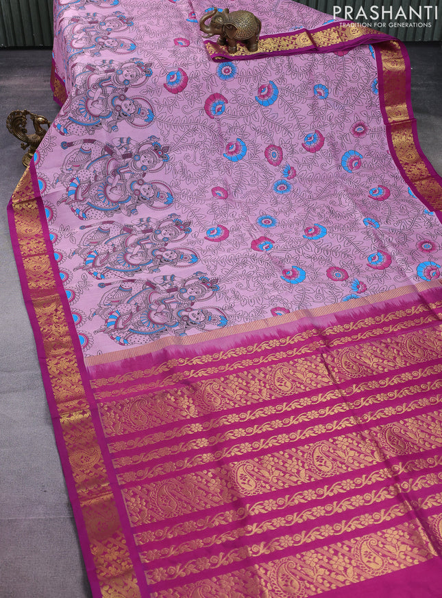 Silk cotton saree mild lavender and purple with allover kalamkari prints and zari woven korvai border