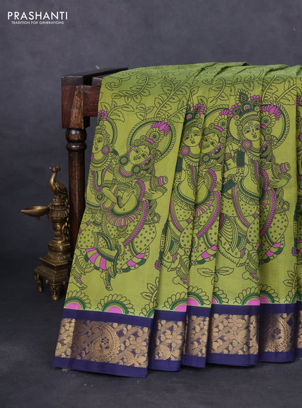 Silk cotton saree mehendi green and navy blue with allover kalamkari prints and zari woven korvai border