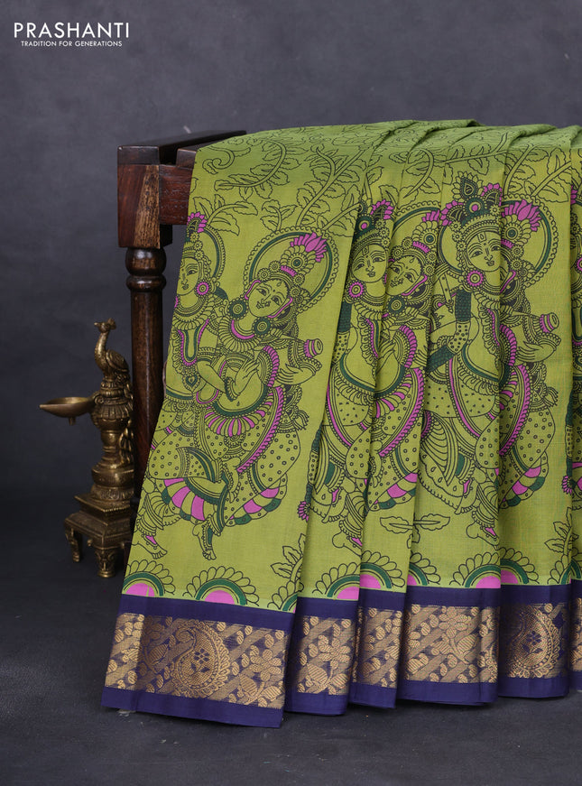 Silk cotton saree mehendi green and navy blue with allover kalamkari prints and zari woven korvai border