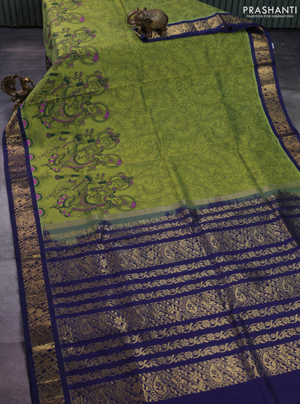 Silk cotton saree mehendi green and navy blue with allover kalamkari prints and zari woven korvai border