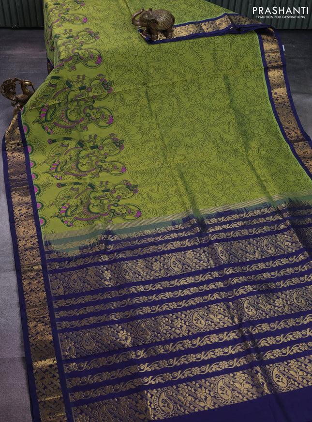 Silk cotton saree mehendi green and navy blue with allover kalamkari prints and zari woven korvai border