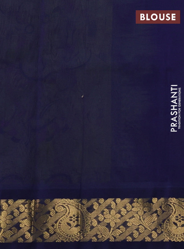 Silk cotton saree mehendi green and navy blue with allover kalamkari prints and zari woven korvai border