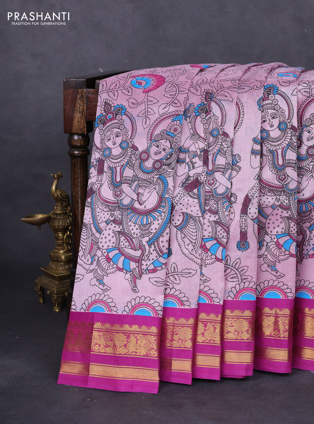 Silk cotton saree mild lavender and purple with allover kalamkari prints and zari woven korvai border