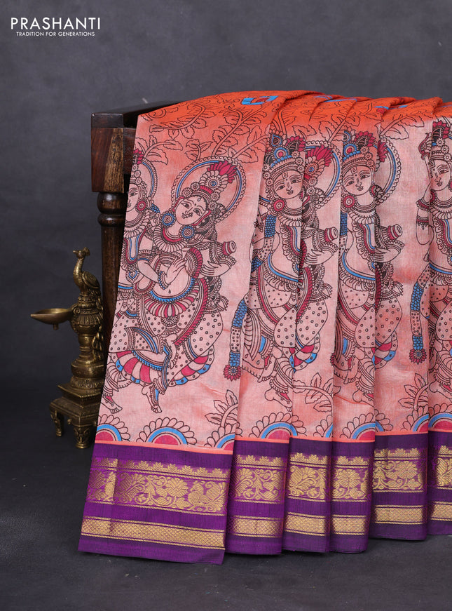 Silk cotton saree peach shade and purple with allover kalamkari prints and zari woven korvai border