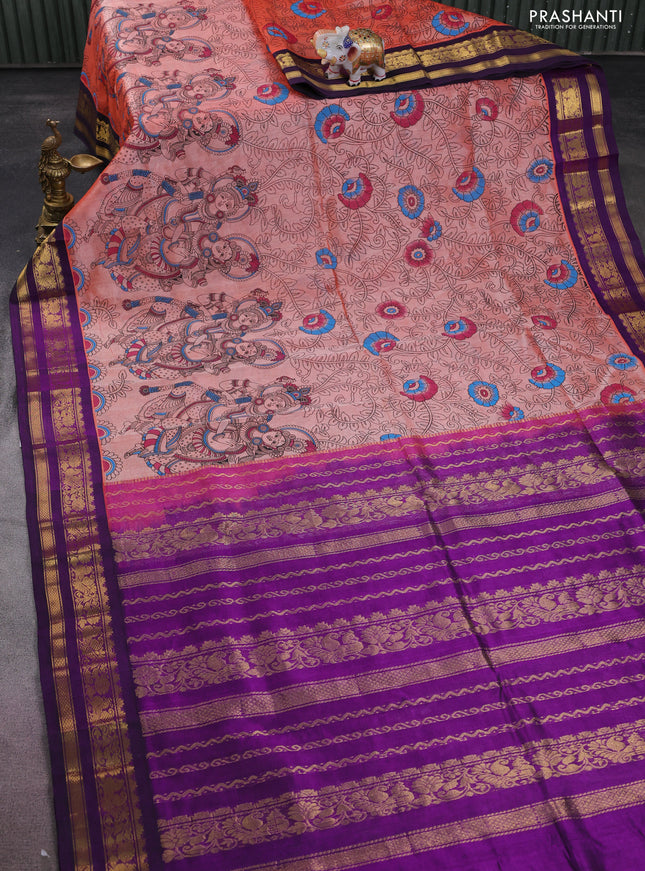Silk cotton saree peach shade and purple with allover kalamkari prints and zari woven korvai border