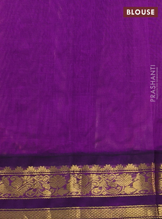Silk cotton saree peach shade and purple with allover kalamkari prints and zari woven korvai border