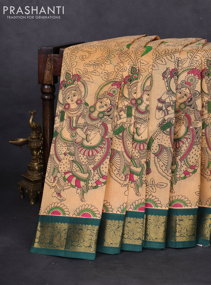 Silk cotton saree pale orange and green with allover kalamkari prints and zari woven korvai border