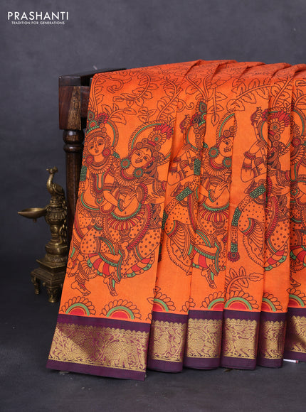 Silk cotton saree orange and purple with allover kalamkari prints and zari woven korvai border