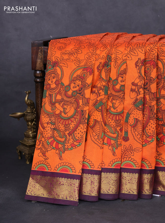 Silk cotton saree orange and purple with allover kalamkari prints and zari woven korvai border