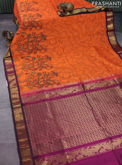 Silk cotton saree orange and purple with allover kalamkari prints and zari woven korvai border