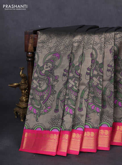 Silk cotton saree grey and pink with allover kalamkari prints and zari woven korvai border
