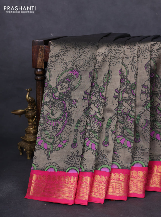 Silk cotton saree grey and pink with allover kalamkari prints and zari woven korvai border