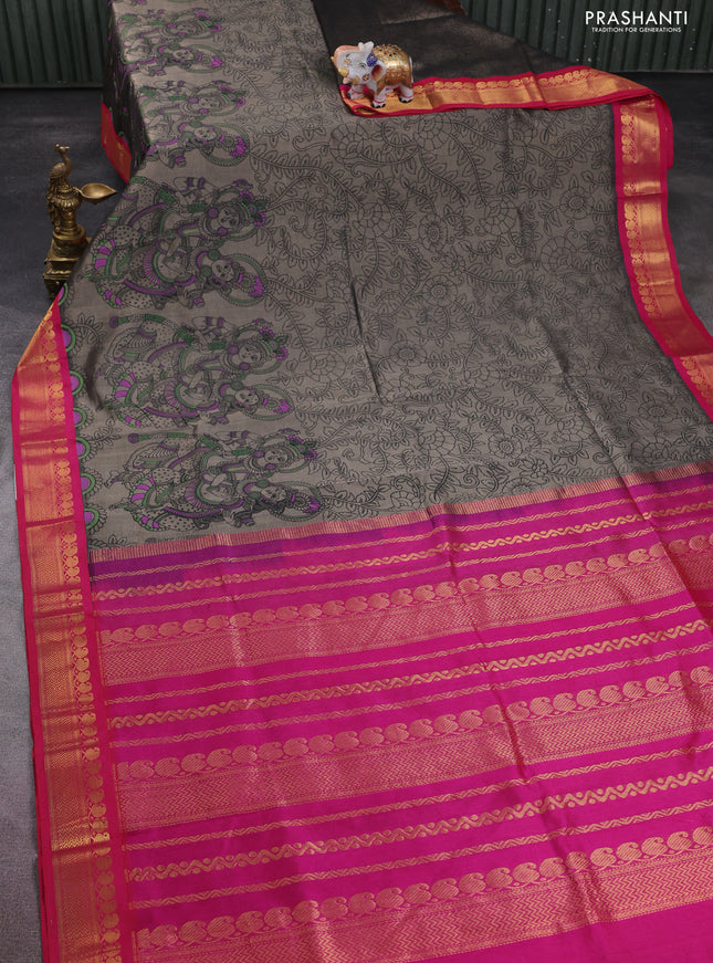 Silk cotton saree grey and pink with allover kalamkari prints and zari woven korvai border