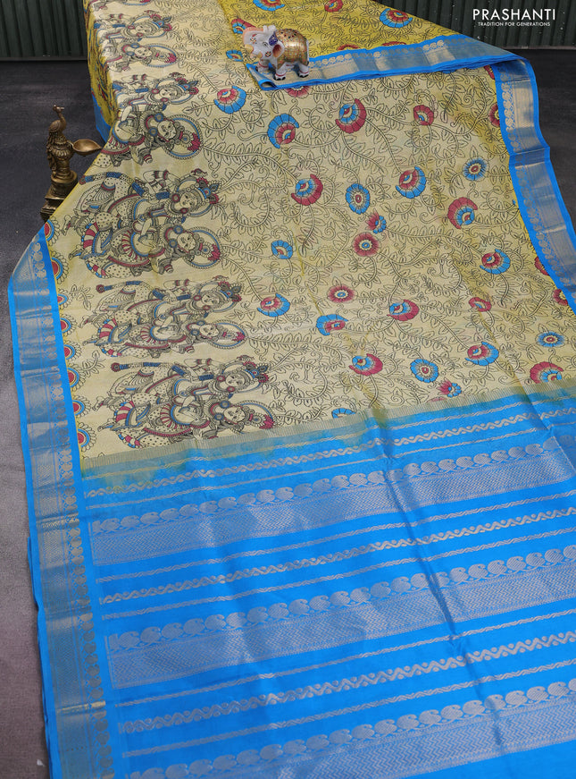 Silk cotton saree pale yellow and cs blue with allover kalamkari prints and zari woven korvai border