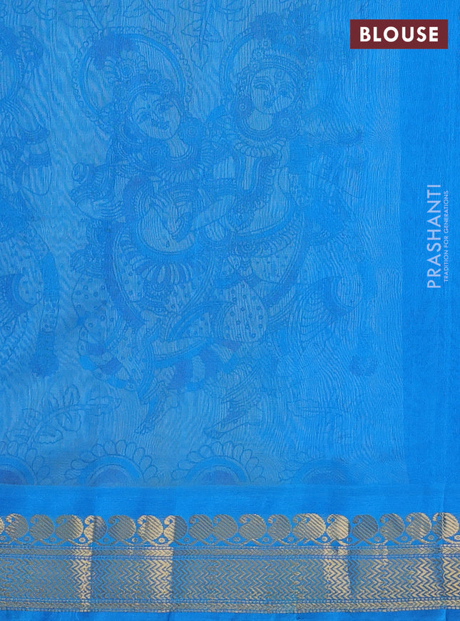 Silk cotton saree pale yellow and cs blue with allover kalamkari prints and zari woven korvai border