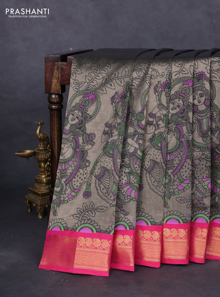 Silk cotton saree grey and pink with allover kalamkari prints and zari woven korvai border