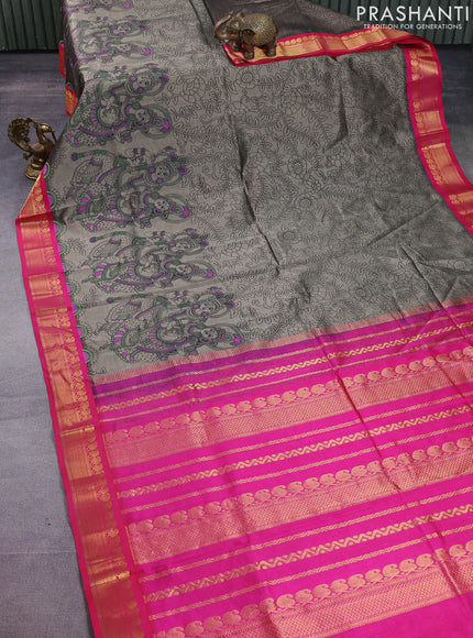 Silk cotton saree grey and pink with allover kalamkari prints and zari woven korvai border