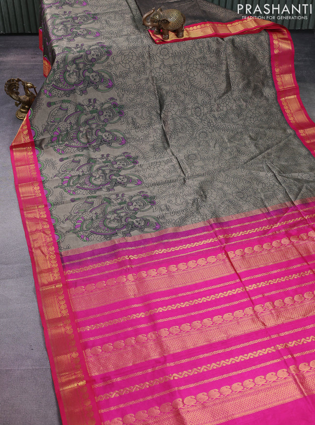 Silk cotton saree grey and pink with allover kalamkari prints and zari woven korvai border