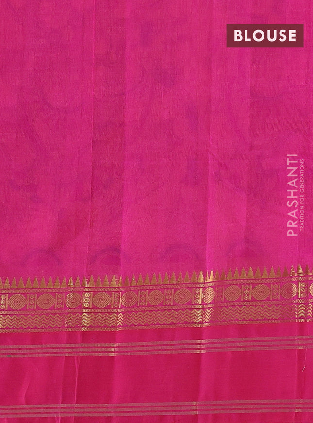 Silk cotton saree mango yelllow and pink with allover kalamkari prints and rettapet zari woven border