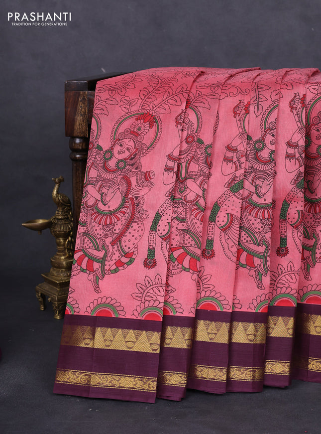 Silk cotton saree peach shade and deep maroon with allover kalamkari prints and rettapet zari woven border