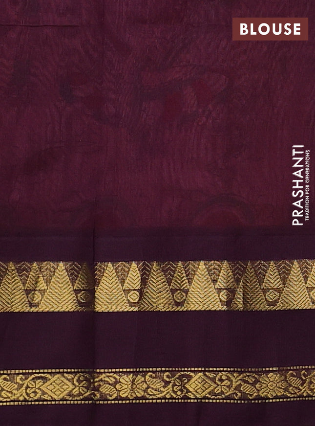 Silk cotton saree peach shade and deep maroon with allover kalamkari prints and rettapet zari woven border