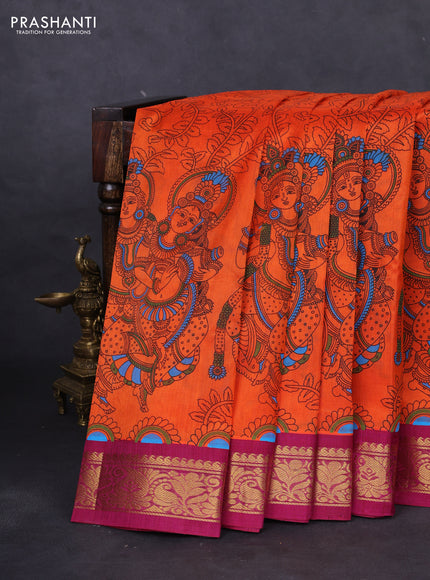 Silk cotton saree orange and magenta pink with allover kalamkari prints and zari woven korvai border