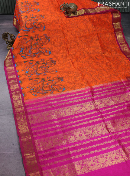 Silk cotton saree orange and magenta pink with allover kalamkari prints and zari woven korvai border