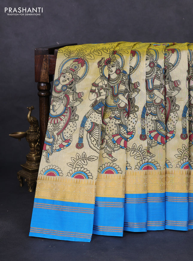 Silk cotton saree pale yellow and cs blue with allover kalamkari prints and rettapet zari woven border