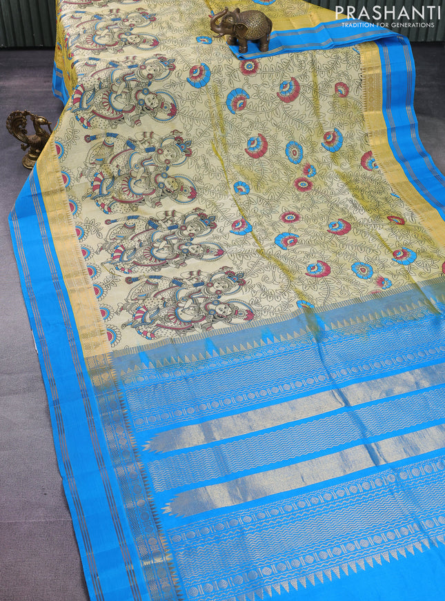 Silk cotton saree pale yellow and cs blue with allover kalamkari prints and rettapet zari woven border