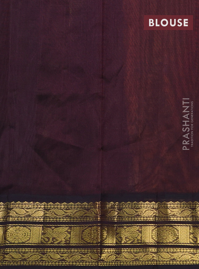 Silk cotton saree dual shade of dark mustard and coffee brown with allover kalamkari prints and zari woven korvai border