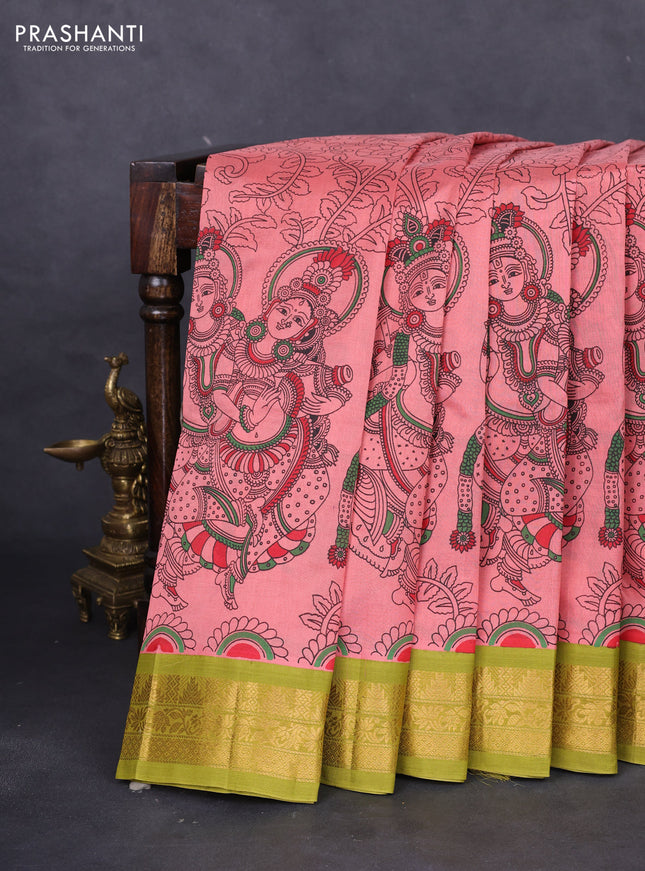 Silk cotton saree peach shade and mehendi green with allover kalamkari prints and zari woven korvai border