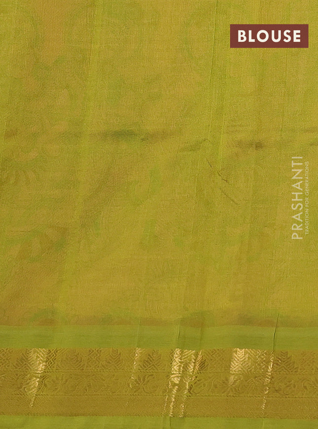 Silk cotton saree peach shade and mehendi green with allover kalamkari prints and zari woven korvai border