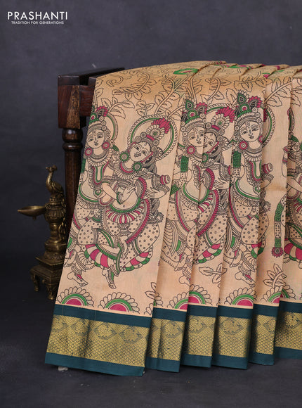 Silk cotton saree sandal and bottle green with allover kalamkari prints and zari woven korvai border