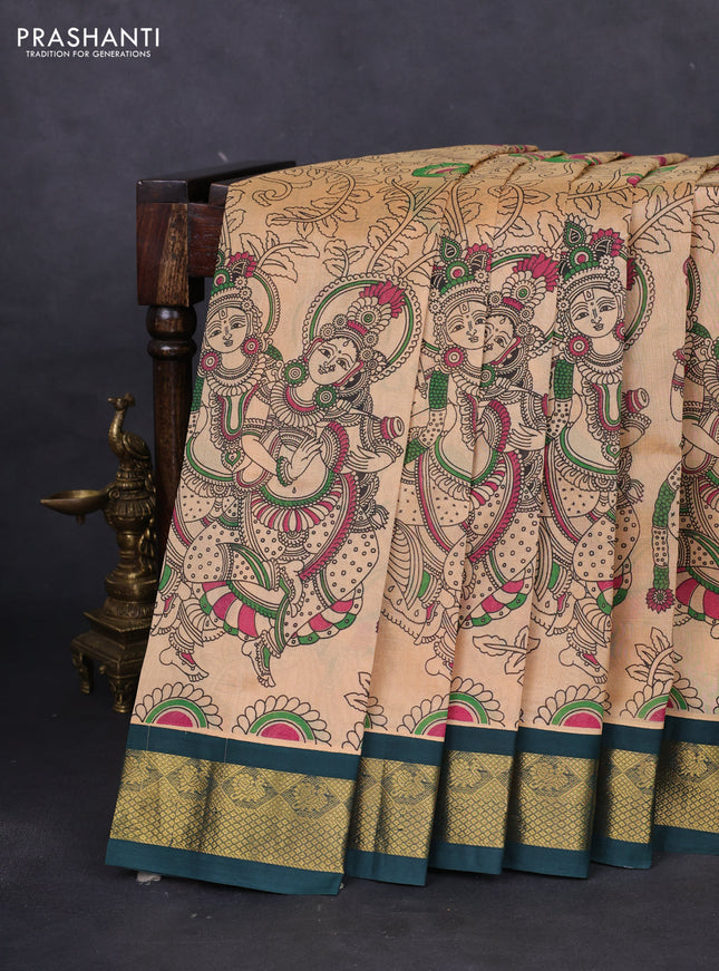 Silk cotton saree sandal and bottle green with allover kalamkari prints and zari woven korvai border