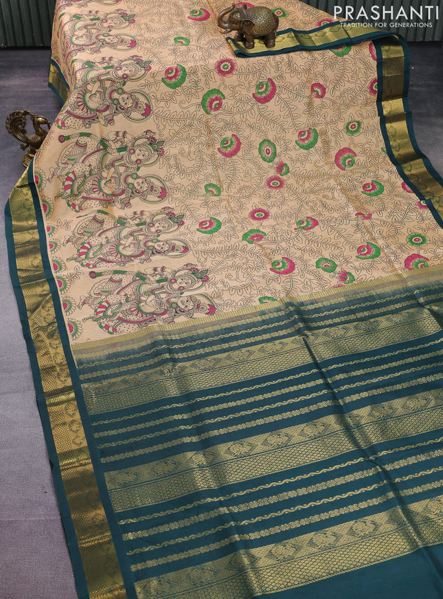 Silk cotton saree sandal and bottle green with allover kalamkari prints and zari woven korvai border