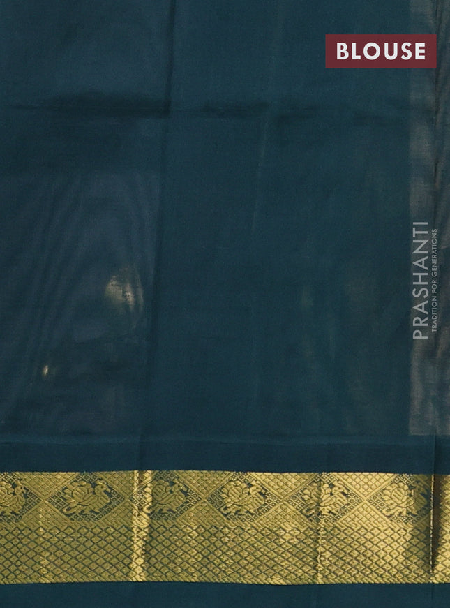 Silk cotton saree sandal and bottle green with allover kalamkari prints and zari woven korvai border