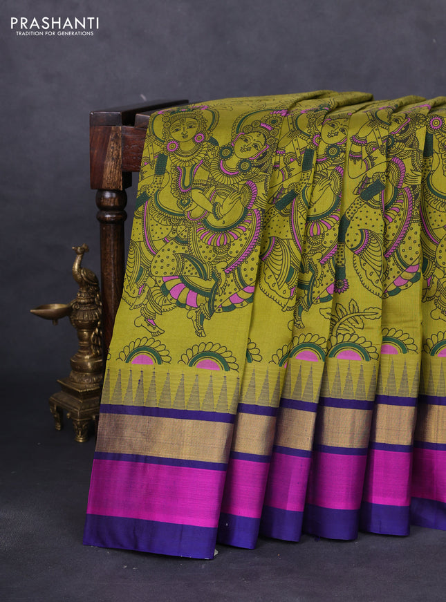 Silk cotton saree mehendi green and blue with allover kalamkari prints and temple design zari woven simple border