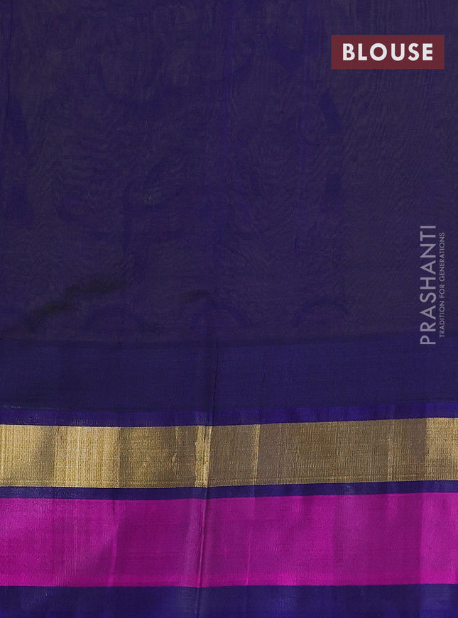 Silk cotton saree mehendi green and blue with allover kalamkari prints and temple design zari woven simple border