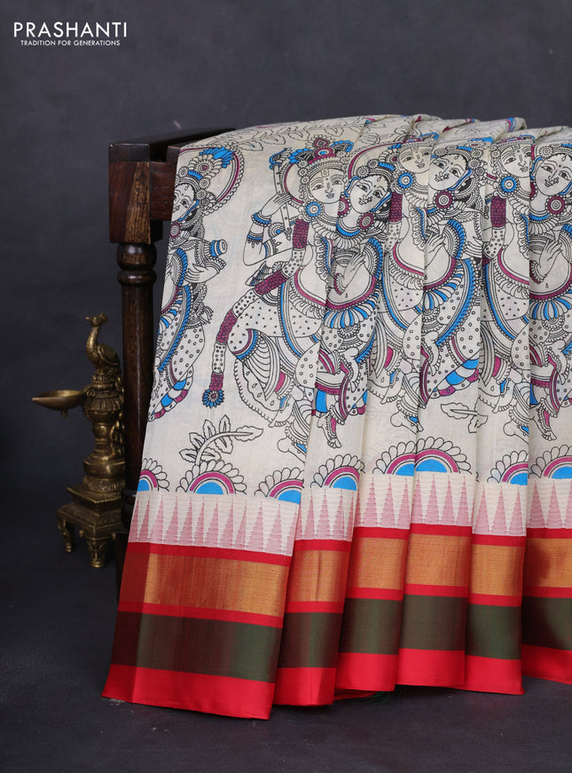 Silk cotton saree cream and maroon with allover kalamkari prints and temple design zari woven simple border