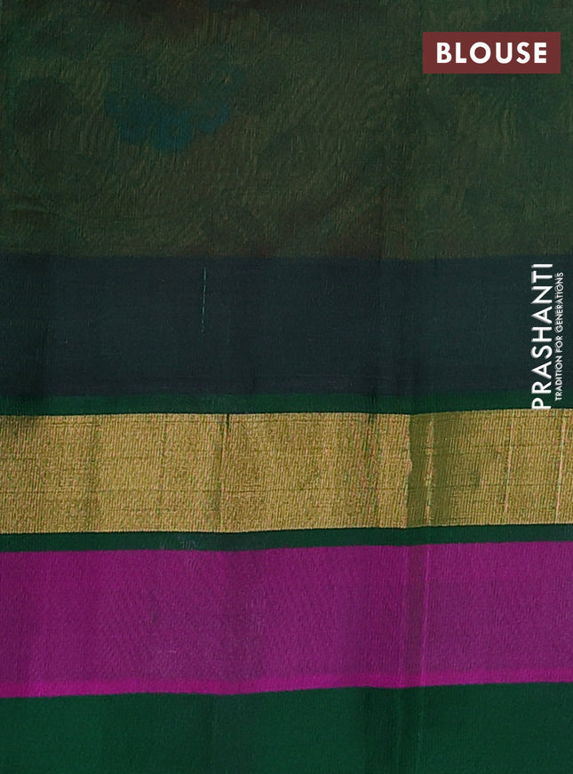 Silk cotton saree dual shade of dark mustard and green with allover kalamkari prints and temple design zari woven simple border