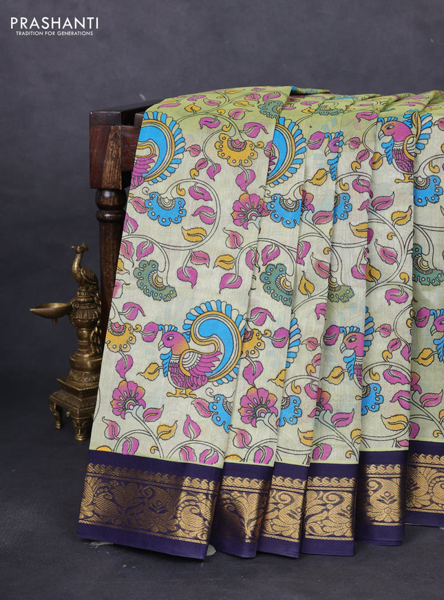 Silk cotton saree pista green and navy blue with allover kalamkari prints and zari woven korvai border