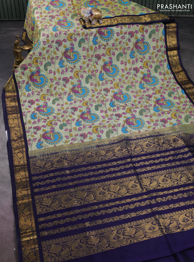 Silk cotton saree pista green and navy blue with allover kalamkari prints and zari woven korvai border