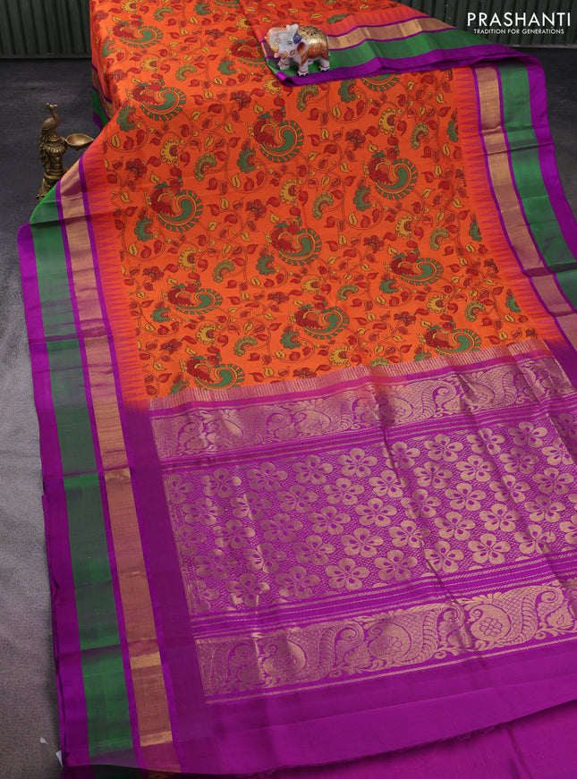 Silk cotton saree orange and purple with allover kalamkari prints and temple design zari woven simple border